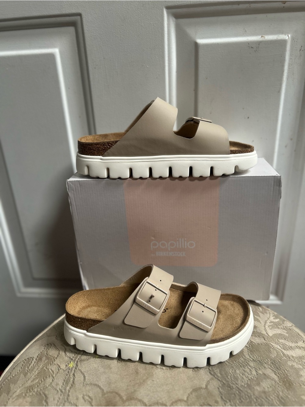 US Birkenstock Papillio Arizona Chunky w/ Double-Buckle Slide Sandals in Sand